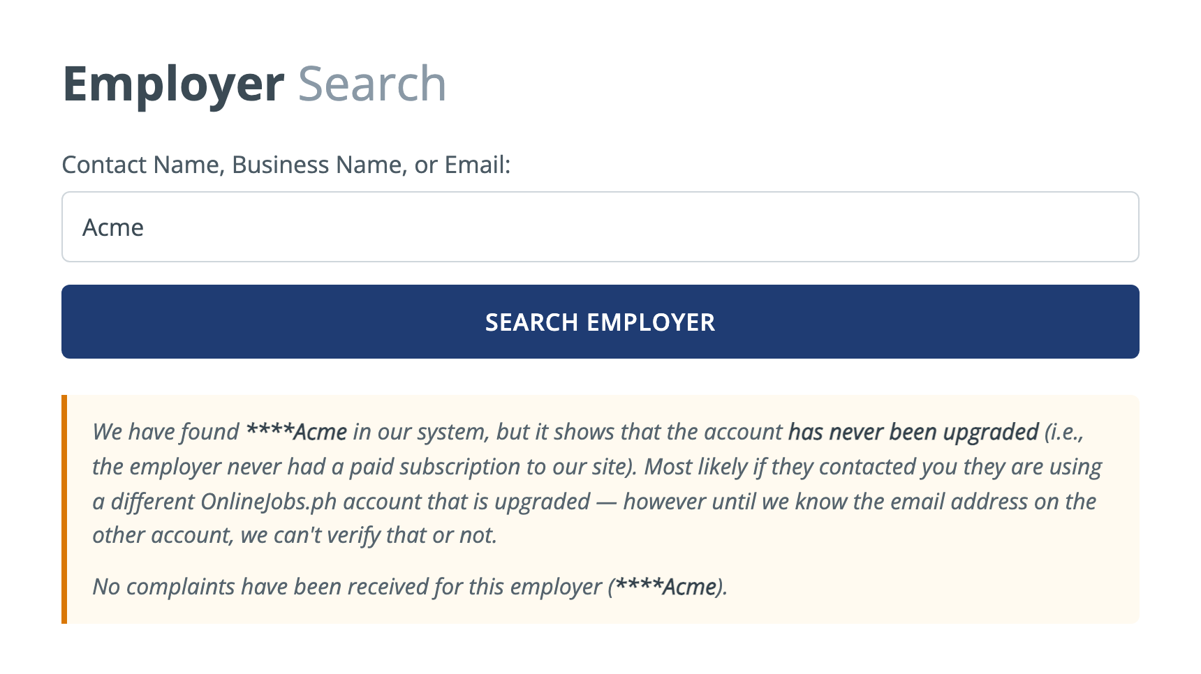 OnlineJobs.ph Employer Search showing an account that was found but never upgraded to a paid subscription
