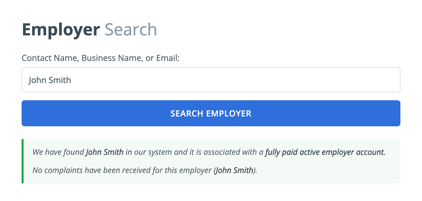 OnlineJobs.ph Employer Search showing a fully paid active employer account with no complaints